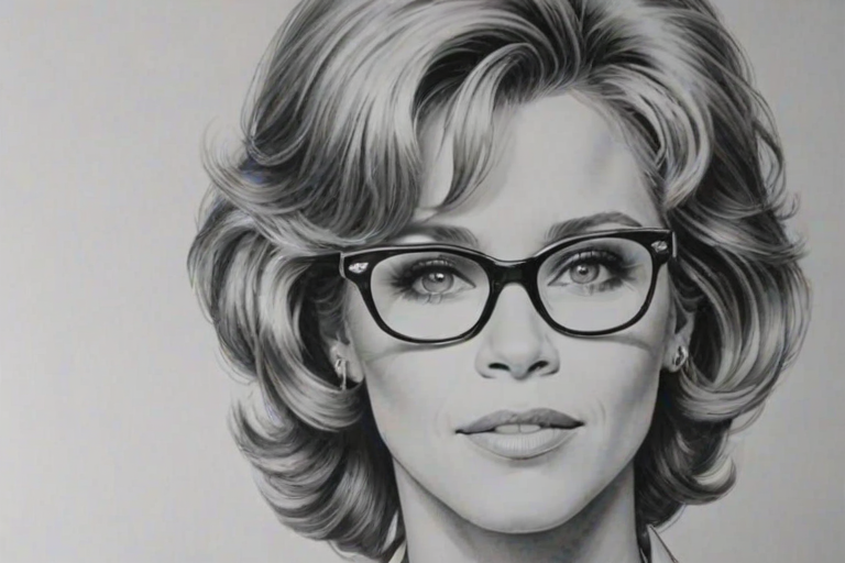 Stunning Jane Fonda, pencil sketch, portrait of Enticing woman 1951s in glasses, hair style beatnik, outline, clear lines, fine lines, 8k