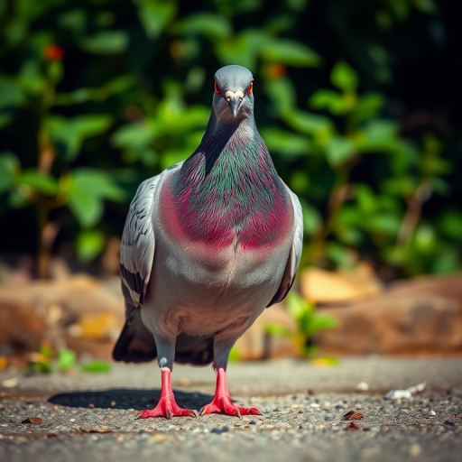 Capture a close-up of a pigeon standing on the ground, natural lighting, f/4 aperture, 1/200 shutter speed, ISO 100, 50mm lens, shallow depth of field, focus on the bird's face, vibrant greenery in the background.