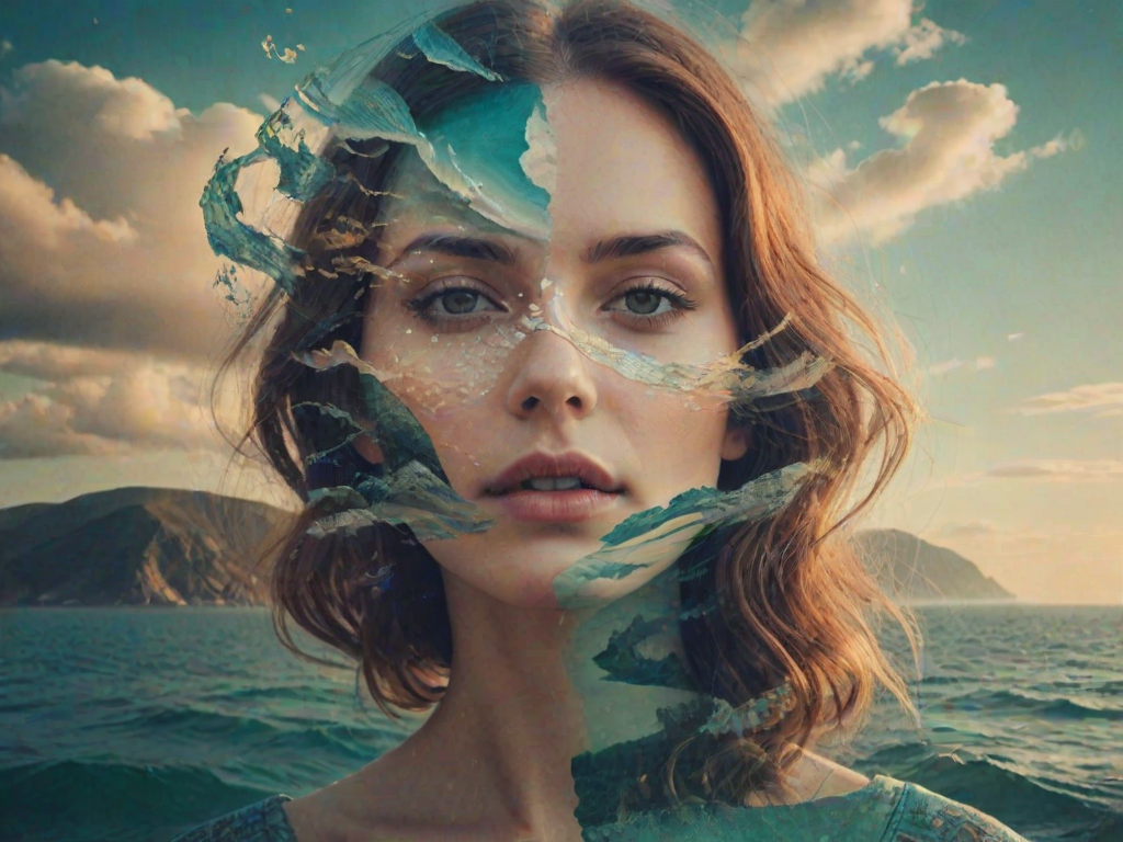 design Book cover, A surreal double exposure portrait that blends a woman's face with a beautiful seascape. The overall mood is dreamy and mystical, with rich colors and intricate details