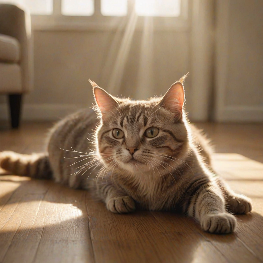 Softly focused close-up of a cat stretching out in a sunbeam on a hardwood floor, its fur gently illuminated by the soft light, with dust particles dancing in the air and a faint purring sound almost audible.