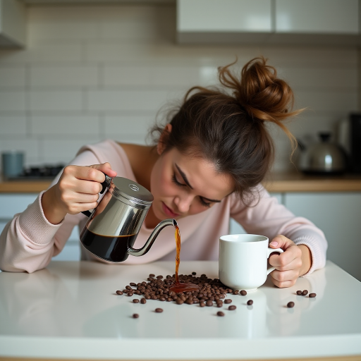 A portrait capturing a humorous and relatable scene of morning exhaustion. A woman with a messy bun, is slumped over a kitchen table, head resting on the surface in apparent fatigue. Despite their exhaustion, they are attempting to pour coffee from a pot, but instead of pouring the coffee into the mug she is pouring it onto the kitchen table. The kitchen setting is minimal, with simple countertops and a tiled backsplash in the background. Scattered coffee beans and an empty cup add to the sense of early morning chaos. The overall mood is lighthearted, portraying the struggle of waking up and the desperate need for coffee in a comedic yet relatable way.