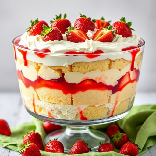 Create an image of a large trifle dessert in a glass bowl featuring layers of fluffy vanilla cake, fresh strawberries, whipped cream, and strawberry sauce garnished with whole strawberries on top with a green cloth and scattered strawberries around the base.
