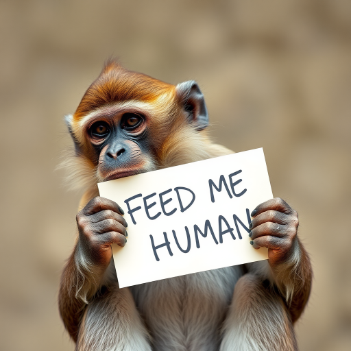 monkey holding a note which says "FEED ME HUMAN"