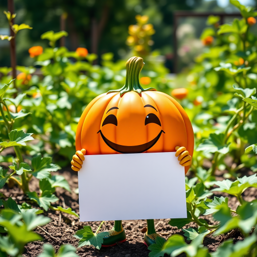 Create a vibrant cartoon image of a pumpkin character with a smiling face, standing on green vines, holding a blank sign, in a sunny garden setting, captured with a DSLR camera at f/2.8 aperture, ISO 100, and a shallow depth of field for enhanced clarity and color contrast.