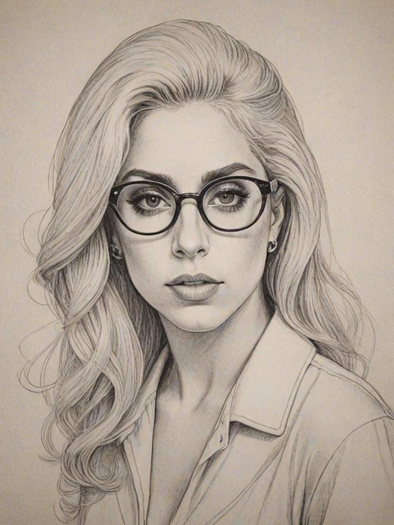 Sublime Lady Gaga, pencil sketch, portrait of Comely woman 1970s in glasses, hair style beatnik, outline, clear lines, fine lines, 8k