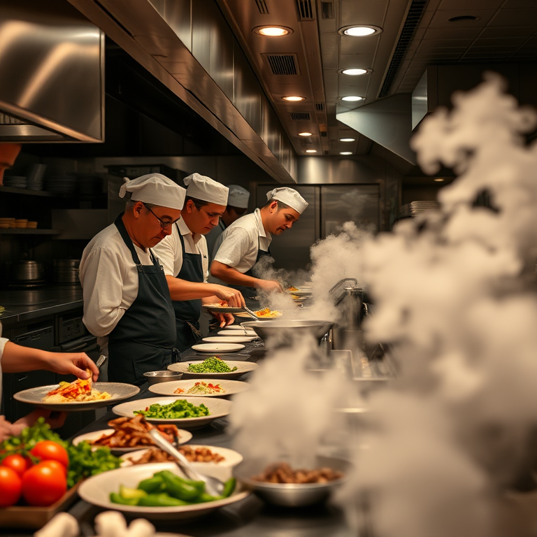 a bustling kitchen scene with chefs preparing various dishes, steam rising from plates, fresh ingredients on the counter, ambient lighting, shot with a Canon EOS R5, 50mm lens, f/1.8, ISO 400, 1/60 sec, in a candid style, wide-angle view