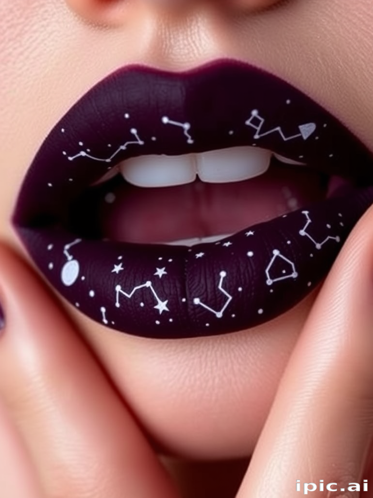 Deep plum lips with constellation designs in white, called "Celestial Dreams," offer a mystical and enchanting appearance with a long-lasting matte finish for stargazing parties