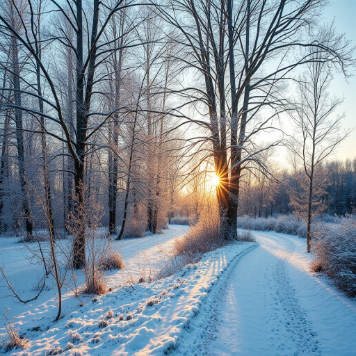 capture a winter landscape with frosted trees and a snowy path at sunrise, focus on soft natural lighting, aperture f/11, shutter speed 1/125, ISO 200, use a wide-angle lens, take a low-angle shot for depth, DSLR camera
