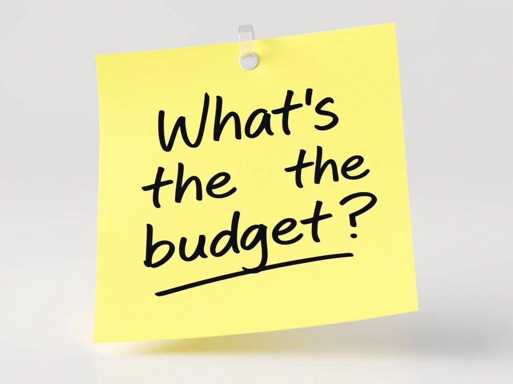 Yellow post-it note, hand written in black pen text "What's the budget??", 3d, hd, hyper realistic,