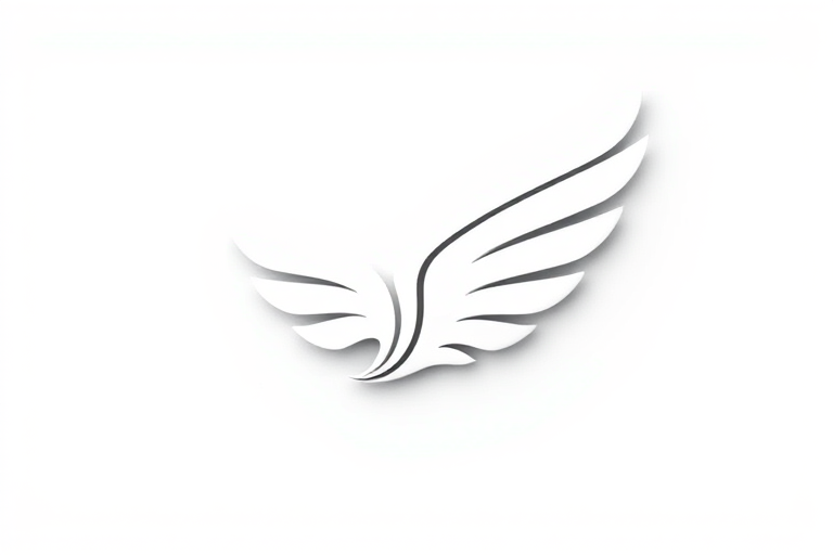 Create a high-resolution image of a stylized wing logo with a sleek design, using a Canon EOS 5D Mark IV, 50mm lens, aperture f/2.8, ISO 100, shot from a frontal view with soft lighting to emphasize the curves and details of the wing.