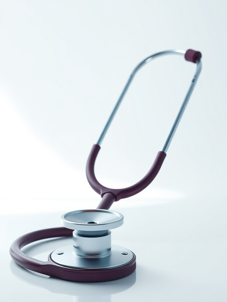 Create a high-resolution illustration of a stethoscope with a modern design, using a DSLR camera with a 50mm lens, aperture set to f/2.8, ISO 100, in a bright studio setting with soft lighting.