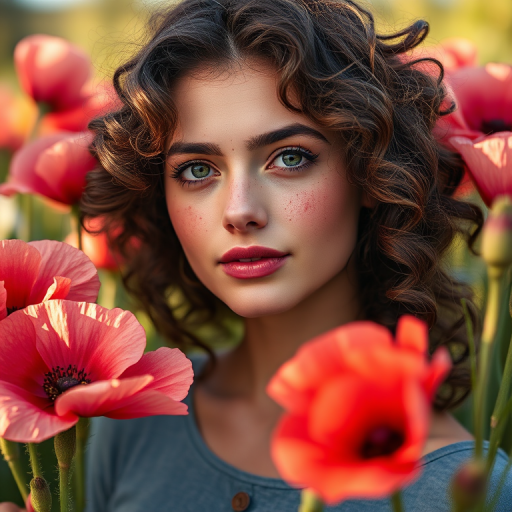 portrait of a woman with curly hair and freckles surrounded by blooming poppies and gold leaf accents soft lighting, 50mm lens, f/1.8, ISO 100, natural light, shallow depth of field, shot from a slightly elevated angle, high resolution