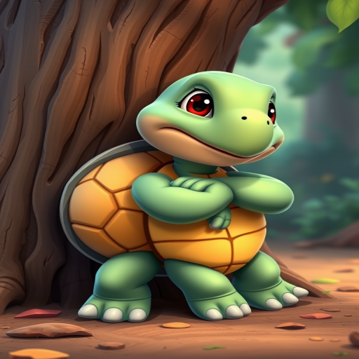 Regenerate a cartoon turtle character leaning against a tree, with a confident expression, vibrant colors, smooth lines, and a playful background; use a DSLR camera with a 50mm lens, f/2.8 aperture, ISO 100, and 1/200s shutter speed for high-quality details and sharpness.