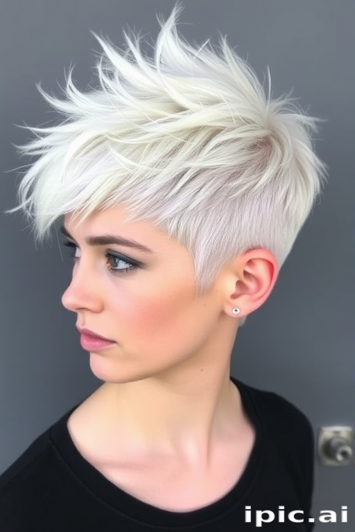 Platinum blonde pixie with lavender shadow roots, styled in spiky texture, called "Ice Queen's Crown" hair, featuring frosted tips and a jagged silhouette