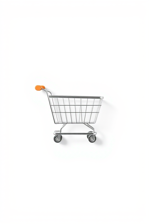 Create a high-resolution image of a shopping cart icon, using a 50mm lens at f/2.8 aperture, ISO 100, shot from a top-down view in natural light with a clean, white background.
