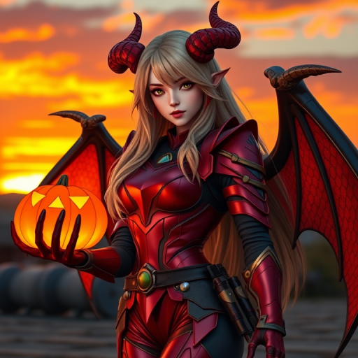 Create an image of a female character with long blonde hair, wearing a sleek red and black armored suit, holding a glowing pumpkin in one hand, with dragon-like wings and horns, against a vibrant sunset background, shot with a DSLR camera at f/2.8, ISO 200, 50mm lens, using a dynamic angle perspective to enhance depth and detail.