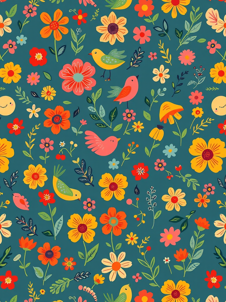Create a seamless pattern featuring whimsical flowers, birds, and various objects with bright colors and playful designs, captured with a Canon EOS R5 using a 50mm lens at f/4, ISO 100, 1/125s, top-down view for clarity and depth.