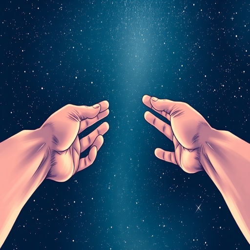 Create an illustration of two hands reaching toward each other against a starry night sky background, using a high-resolution digital drawing style, with a focus on fine details and smooth gradients, simulating a wide-angle lens effect at f/2.8, ISO 100, and a 24mm focal length to enhance depth and clarity.