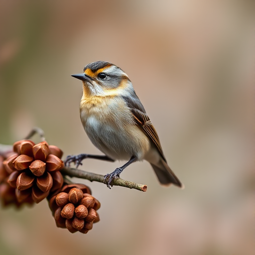 A close-up shot of a small bird perched on a branch with pine cones, using a Canon EOS 5D Mark IV, 85mm lens, aperture f/2.8, shutter speed 1/200s, ISO 200, with a soft bokeh background to enhance the depth of field and focus on the bird.