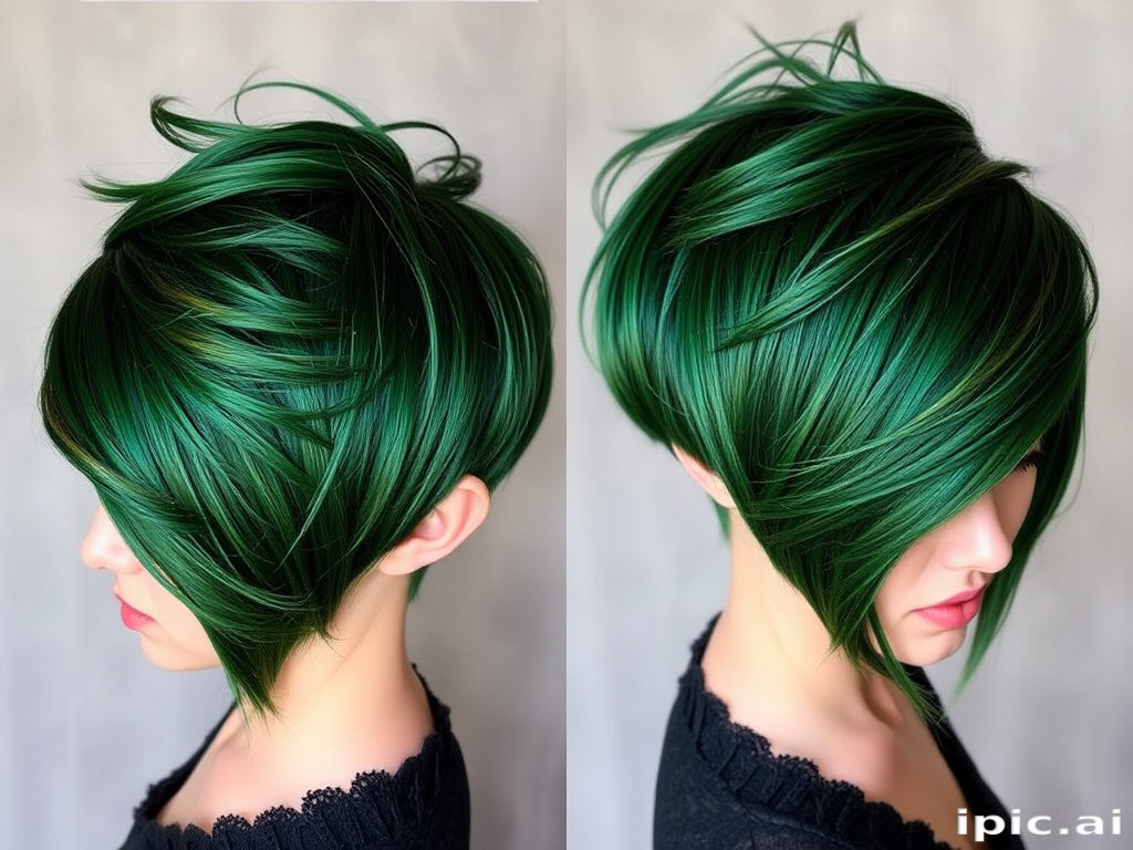 Deep emerald green pixie cut with long, side-swept bangs and metallic gold tips, creating a bold and enchanting forest nymph-inspired look named Sylvan Shimmer