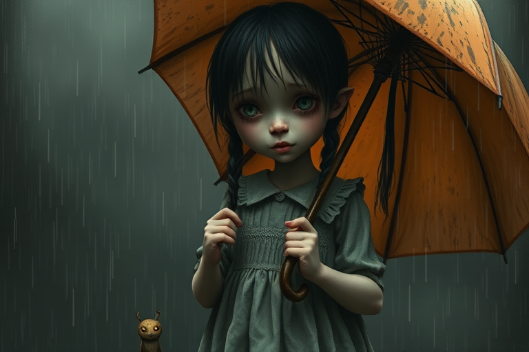 An eerie, weird little girl with dark hair in thin pigtails, wearing a smock dress, standing in the rain, holding a dirty orange umbrella, a small, odd creature beside her. In a surreal style inspired by Nicoletta Ceccoli and Brian Froud. Dark fantasy themes