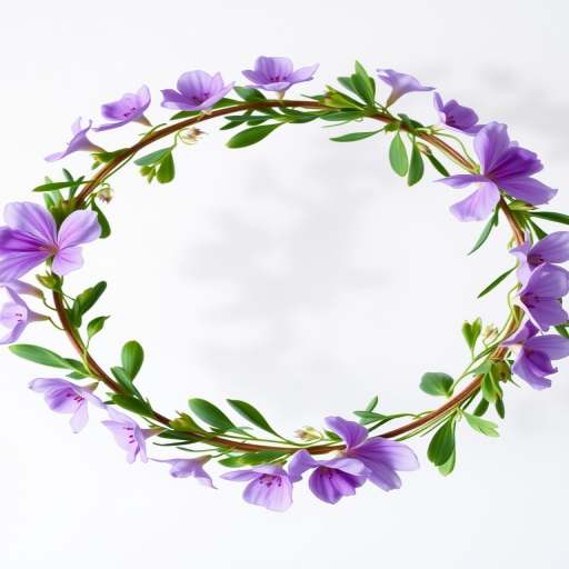 Generate an elegant circular floral wreath featuring delicate purple flowers and lush greenery on a transparent background, using a Canon EOS R5 camera with a 50mm f/1.2 lens, aperture set to f/2.8, ISO 100, and a shallow depth of field for enhanced detail and clarity.