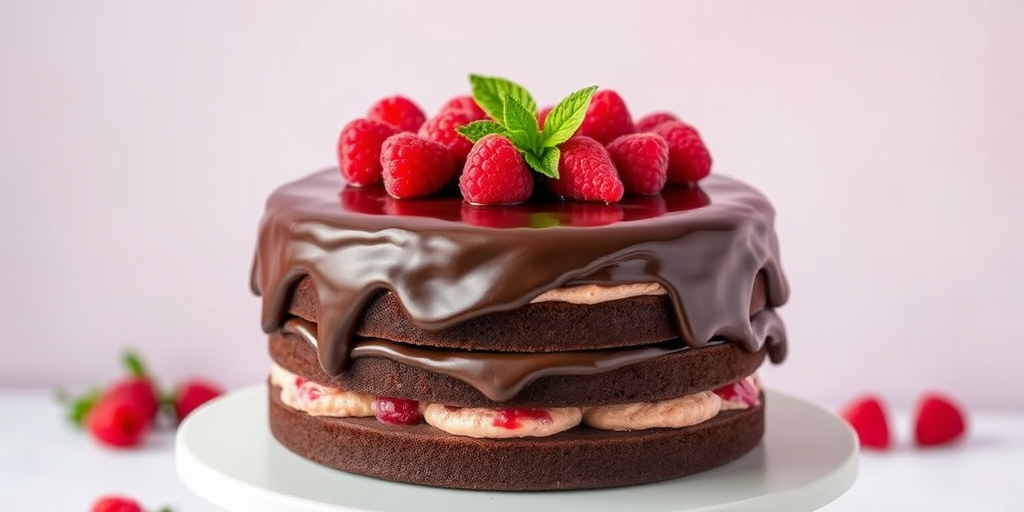A rich chocolate cake with layers filled with raspberry jam and covered in glossy chocolate ganache garnished with fresh raspberries and mint leaves on top, displayed on a white cake stand against a soft pastel background.