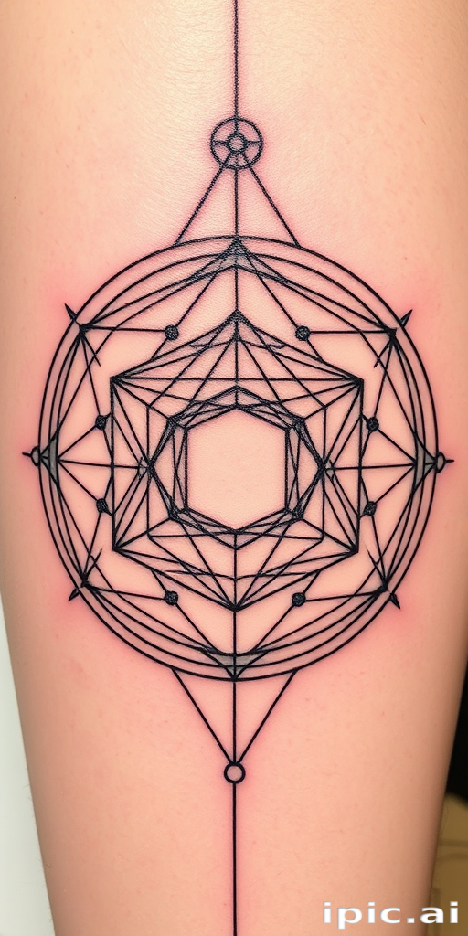 Geometric linework tattoo titled "Sacred Geometry" showcasing a complex arrangement of precise lines and shapes forming a three-dimensional cube within a circle, creating an optical illusion of depth and movement on the skin