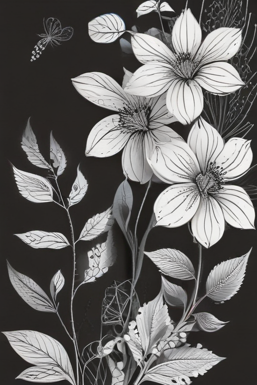 Elegant Black and White Floral Design with Delicate Leaves and Insects