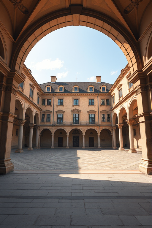 Create a detailed illustration of a grand courtyard with arches, showcasing a historical building with a symmetrical facade, captured using a Canon EOS R5 at f/8, ISO 100, 24mm focal length, in a wide-angle perspective to enhance depth and clarity.