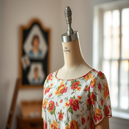 Generate an image of a vintage mannequin wearing a floral patterned dress, shot in a well-lit studio setting with a DSLR camera at f/2.8, ISO 100, 50mm lens, in portrait view for sharp details and a soft background blur.