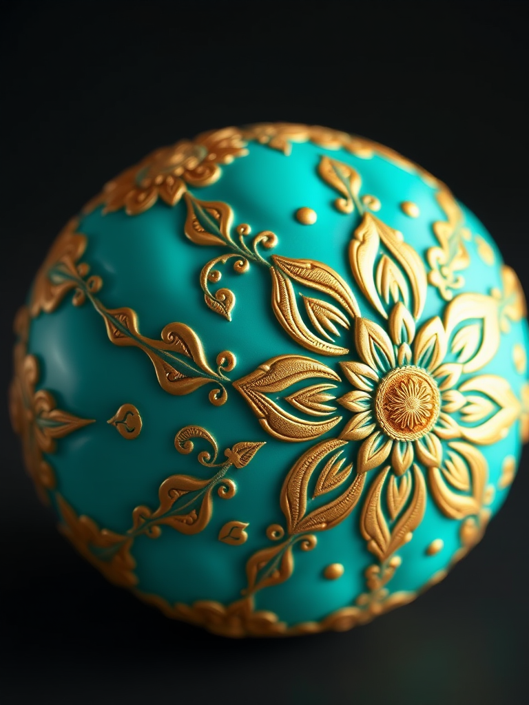 Generate a detailed 3D render of a turquoise and gold patterned sphere with intricate floral designs, camera settings: f/8 aperture, ISO 100, 1/125 sec shutter speed, camera view: close-up, camera style: photorealistic, camera type: DSLR.