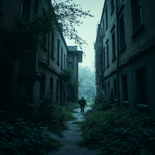 desolate abandoned alleyway with overgrown vegetation and crumbling buildings, dramatic moody lighting, depth of field effect, shot with a DSLR camera, f/2.8 aperture, ISO 100, 24mm lens, high dynamic range imaging