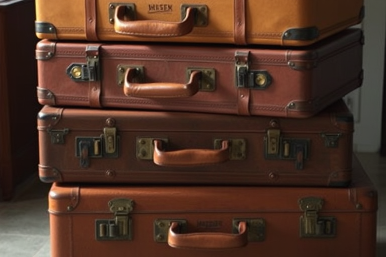 A stacked set of three vintage suitcases in varying shades of brown, captured with a DSLR camera, aperture f/2.8, ISO 100, focal length 50mm, taken from a low angle with soft natural lighting to enhance textures and details.