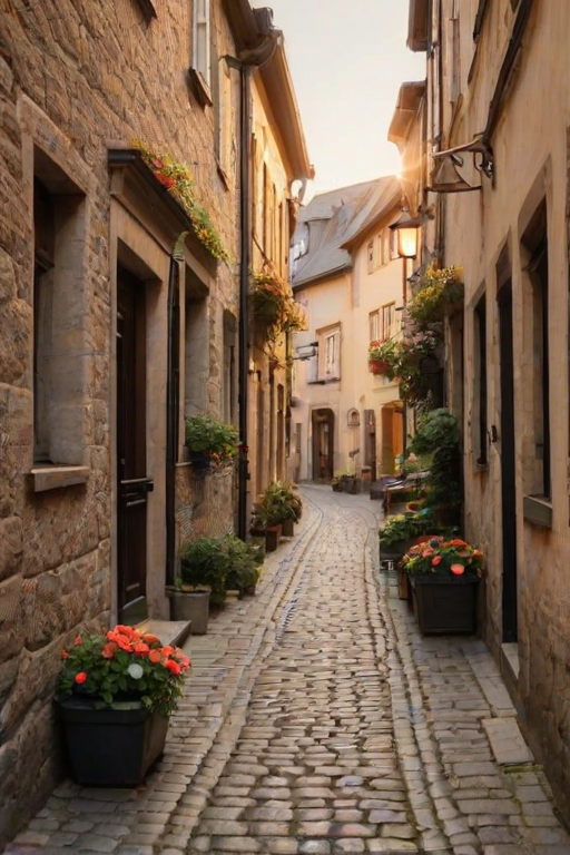 Soft-focus image of a narrow cobblestone street in an old European town at sunrise, soft golden light reflecting off the stone buildings, with flower boxes hanging from windows.