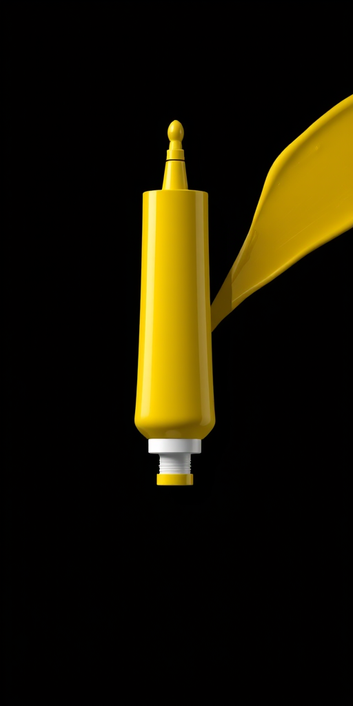 create a high-resolution digital illustration of a yellow tube of paint with a sleek nozzle and a subtle shadow against a black background, using a Canon EOS R5 camera with a 50mm f/1.2 lens, aperture set to f/4, ISO 100, and soft lighting for enhanced clarity and detail