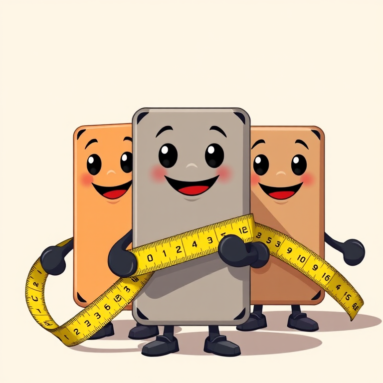 Create an illustration of three cartoonish rectangular characters with smiling faces, each holding a measuring tape, set against a simple background, captured in a high-resolution digital format using a DSLR camera with a 50mm lens, aperture set to f/2.8, shutter speed at 1/250s, ISO 100 for clarity and depth.