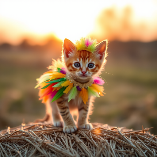 A playful kitten wearing a colorful outfit with feathers stands on a hay bale under a golden sunset, captured with a Canon EOS R5, 50mm lens, f/1.8, ISO 100, natural lighting.