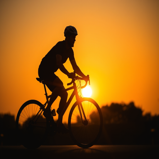 Generate a high-resolution silhouette of a cyclist in motion, captured at sunset with a Canon EOS R5, 50mm lens, aperture f/1.8, shutter speed 1/500s, ISO 100, using a slightly elevated angle for dynamic perspective and a smooth bokeh effect in the background.