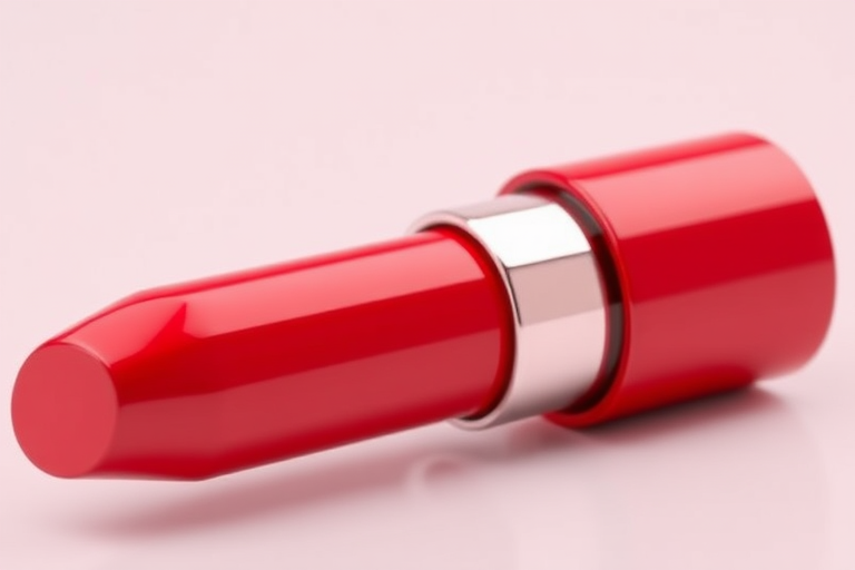 regenerate a high-quality 3D rendering of a red lipstick tube with a glossy finish, focal length 35mm, aperture f/2.8, ISO 100, soft lighting, and a slight tilt angle for dramatic effect