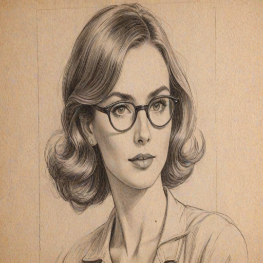 Enticing Maroon 5, pencil sketch, portrait of Enchanting woman 1945s in glasses, hair style beatnik, outline, clear lines, fine lines, 8k