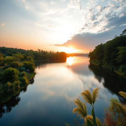 Generate a high-resolution image of a serene landscape featuring a tranquil lake and lush greenery during golden hour, captured with a Canon EOS R5 at f/8, ISO 100, shutter speed 1/200s, using a wide-angle lens from a low angle perspective for depth.