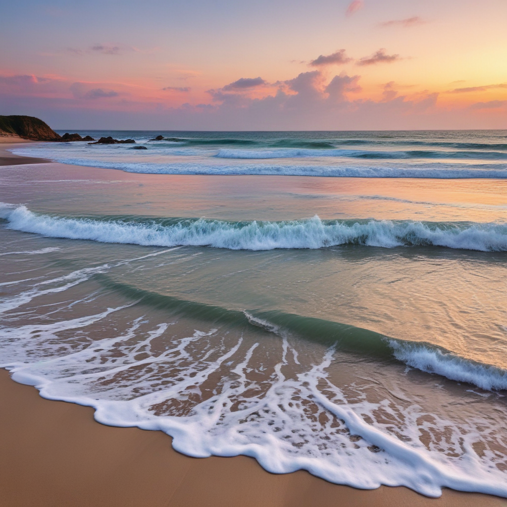 Serene Sunset Over Gentle Waves Lapping at a Tranquil Beach Shore