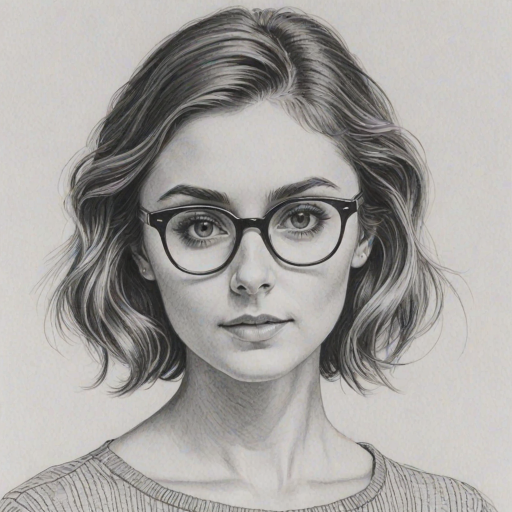 Enticing Alyson Stoner, pencil sketch, portrait of Alluring woman 1960s in glasses, hair style beatnik, outline, clear lines, fine lines, 8k