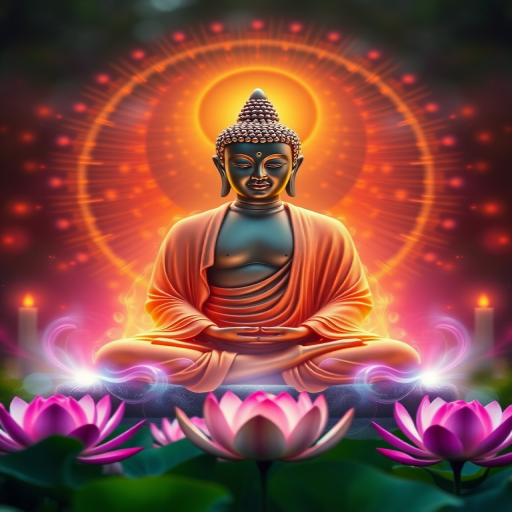 Generate a serene image of a meditating Buddha with glowing energy waves surrounding it, vibrant light colors, soft-focus background, lotus flowers in the foreground, shot with a Nikon D850, 50mm f/1.8 lens, aperture f/2.8, shutter speed 1/125s, ISO 100, in a symmetrical composition.