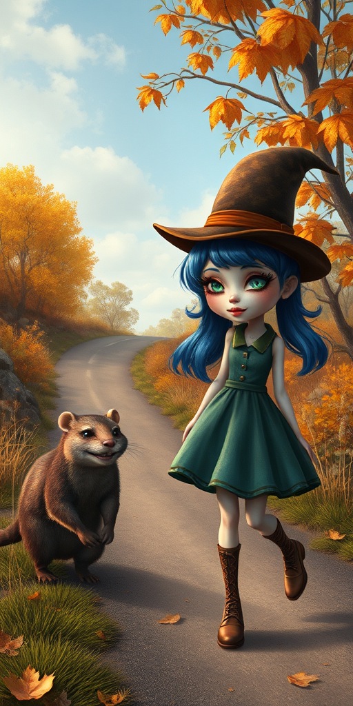 digital art fantasy depicting a strange girl with blue hair, long eyelashes, brown lipstick and a tall hat walking along a winding road on an autumn afternoon, an Numbat smiles as she passes