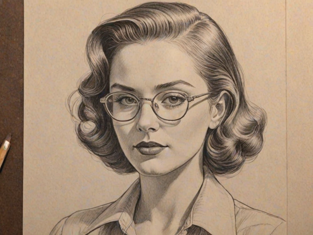 Lovely Nessa Barrett, pencil sketch, portrait of Stunning woman 1938s in glasses, hair style beatnik, outline, clear lines, fine lines, 8k