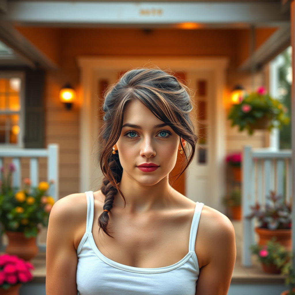 A photo of Saoirse Ronan with a background of a cozy porch. She has dark hair pulled back in an updo, with tendrils framing her face. She wears a white tank top and sits on the porch. The porch is part of a well-lit home with a warm, earthy tone and colorful flowers and foliage. The overall scene has a warm, welcoming, and comfortable ambiance.