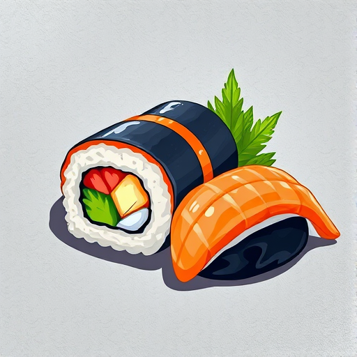 Generate a vibrant illustration of a sushi roll and a piece of sushi, full color with a textured background, 50mm lens, f/2.8 aperture, ISO 100, soft focus, flat lay perspective, digital art style.