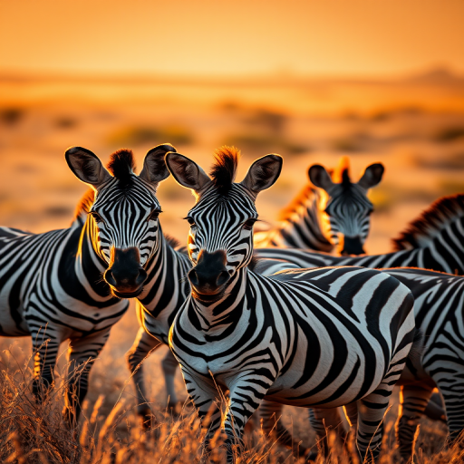 capture a group of zebras in a savanna landscape during golden hour, 50mm lens, f/2.8, ISO 100, shutter speed 1/200s, soft focus background, DSLR camera, natural light